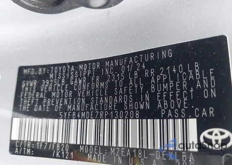 2024 Toyota Corolla Le из США, поврежденный, VIN 5YFB4MDE7RP130208